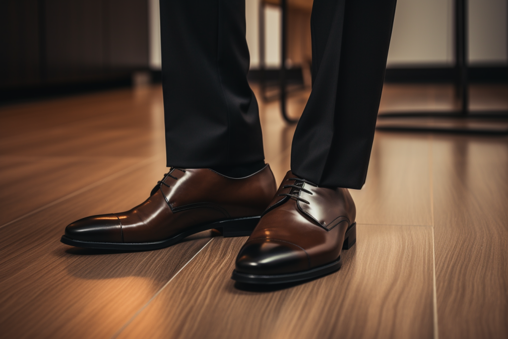 black suit and brown shoes