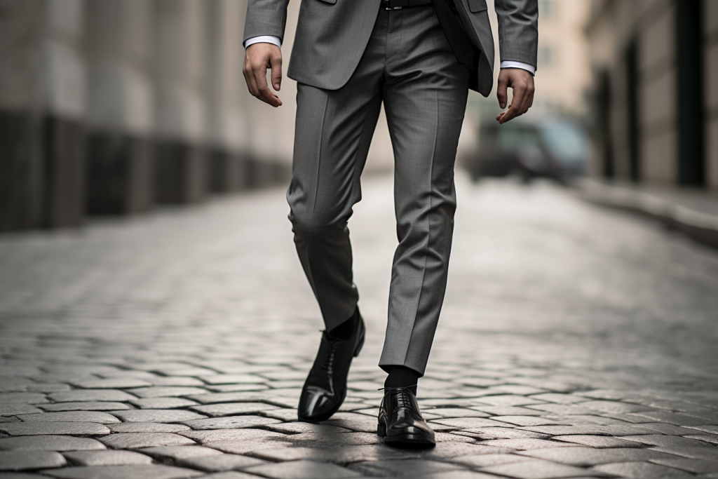 gray suit and black shoes