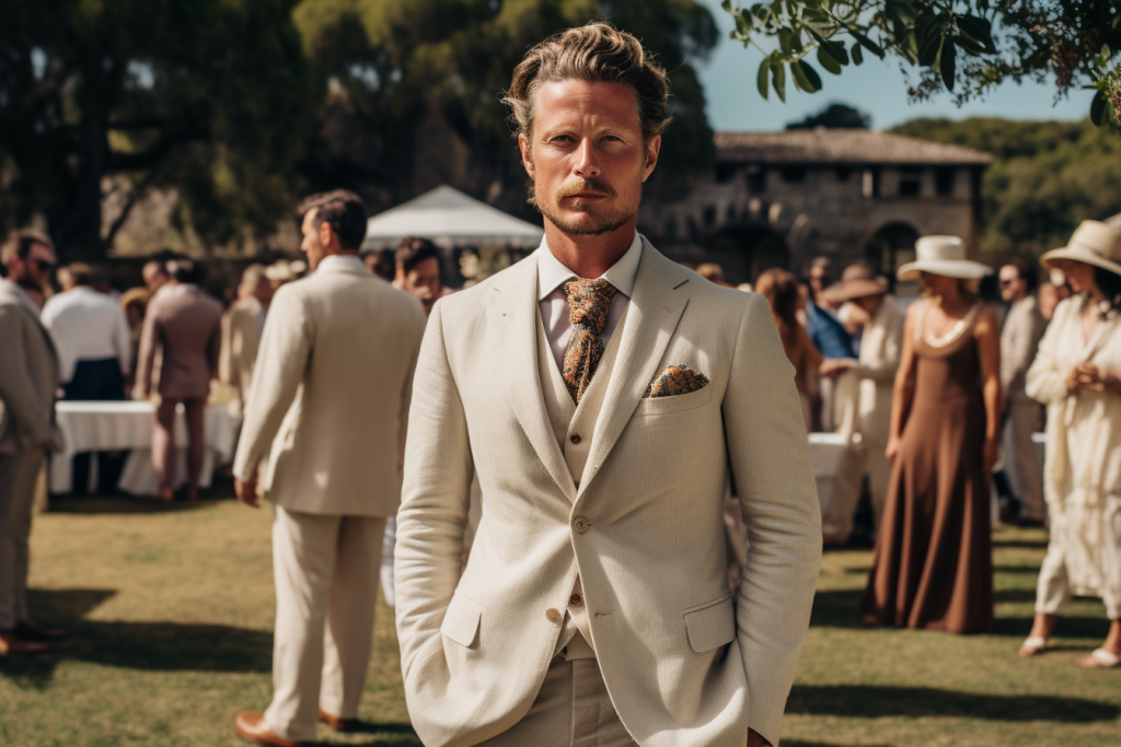 man in a linen suit at a wedding