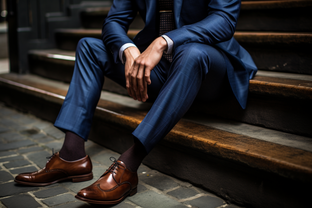 navy blue suit and brown shoes