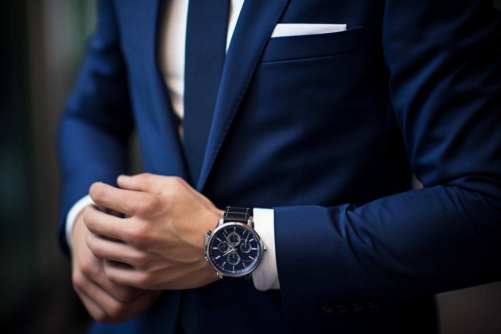 navy blue suit and watch