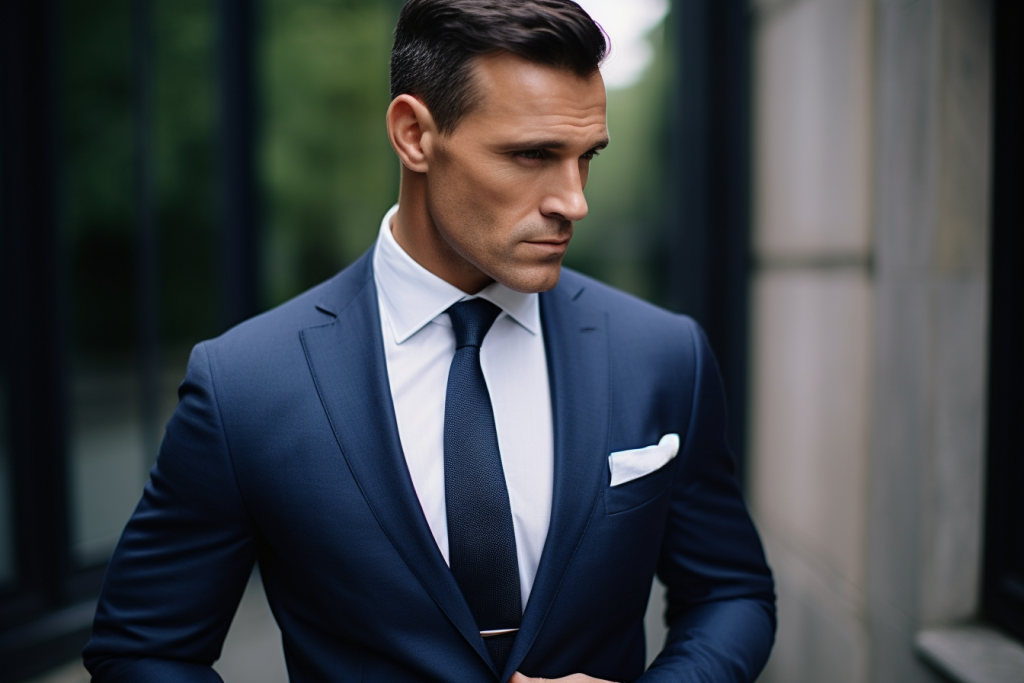 navy blue suit with white pocket square